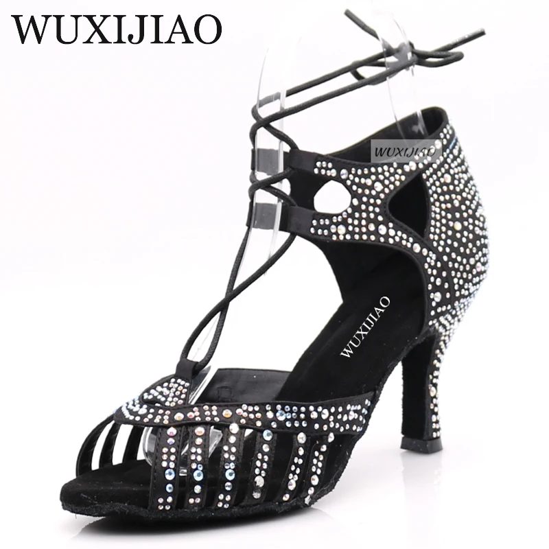 

WUXIJIAO New Beige and Black satin Salsa Dance Shoes Soft Bottom Latin Kizomba Tango Ballroom Dance Shoes Heel 6/7.5/8.5/10cm
