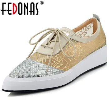 

FEDONAS New 2019 Spring Women Point Toe Genuine Leather Casual Shoes Woman Lace Up Flats Platforms Flats Shoes Ladies Flats