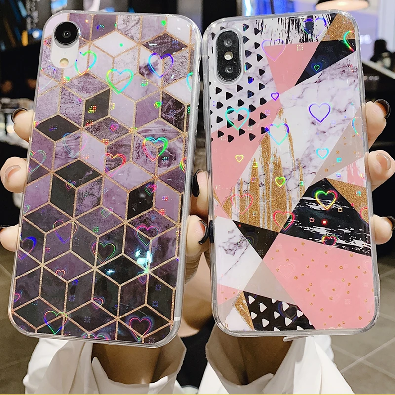 

Flash glitter soft TPU Case For iPhone 6 7 6S 8 Plus X XS MAX XR Case Shockproof Small diagonal graphic Laser love Silicon Cover