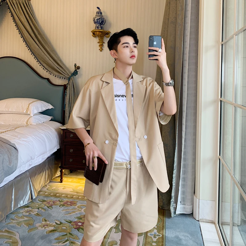 

2019 Spring And Summer New Solid Color ComfortableFashionFive-pointSleeveCardigan Double Belt Shorts Men's Casual Suit Two-color