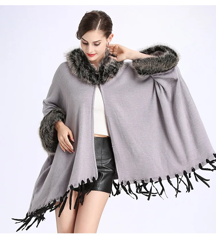 ENbeautter Асимметричная накидка из искусственного лисьего меха пальто с капюшоном женские кисточки шаль плащ осень зима свободные нерегулярные пальто кардиган - Цвет: Gray