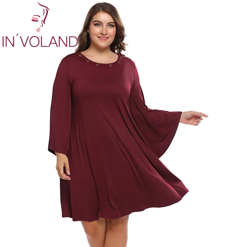 

IN'VOLAND Autumn Women Dress Plus Size Fashion Lace-up O-Neck Long Sleeve Solid Loose Party Dresses Feminino Vestidos Oversized