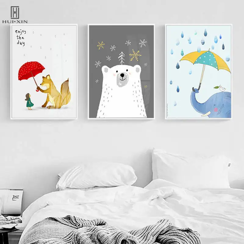 

Adorable Cartoon Kid's Room Decoration Birthday Gifts Nursury Print Cute White Bear Elephant Fox Hold Red Umbrella Wall Arts