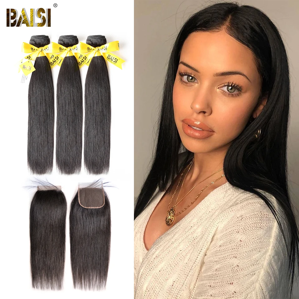 

BAISI Hair Peruvian Virgin Hair Straight Hair Weave 3 Bundles with Closure 100% Human Hair Extensions