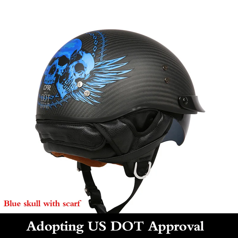 Мотоциклетный шлем Harley оболочки из углеродного волокна для мопеда и мотокросса в винтажном стиле реактивный шлем 1/2 Ретро половина шлем внутренняя козырек protive шестерни - Цвет: Blue skull scarf