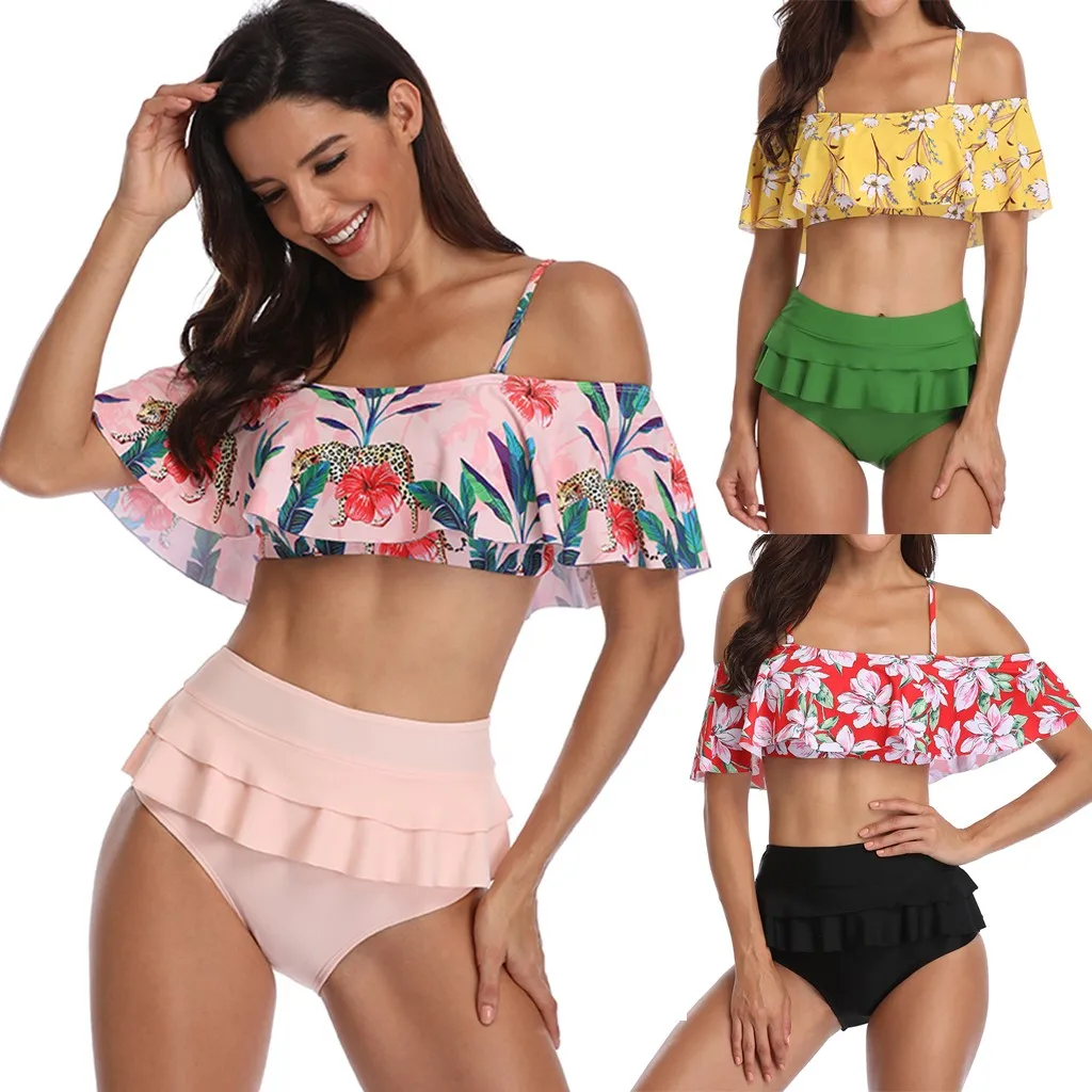 

2019 Retro Flounce Sling High Waist Print Bikini Halter Two Piece Swimsuit bathing suit women high waist sexy bikini set 30