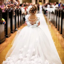 Новинка, белое платье трапециевидной формы с цветочным узором для девочек на свадьбу, кружевной топ, платье с объемными цветами для маленьких принцесс детское свадебное платье