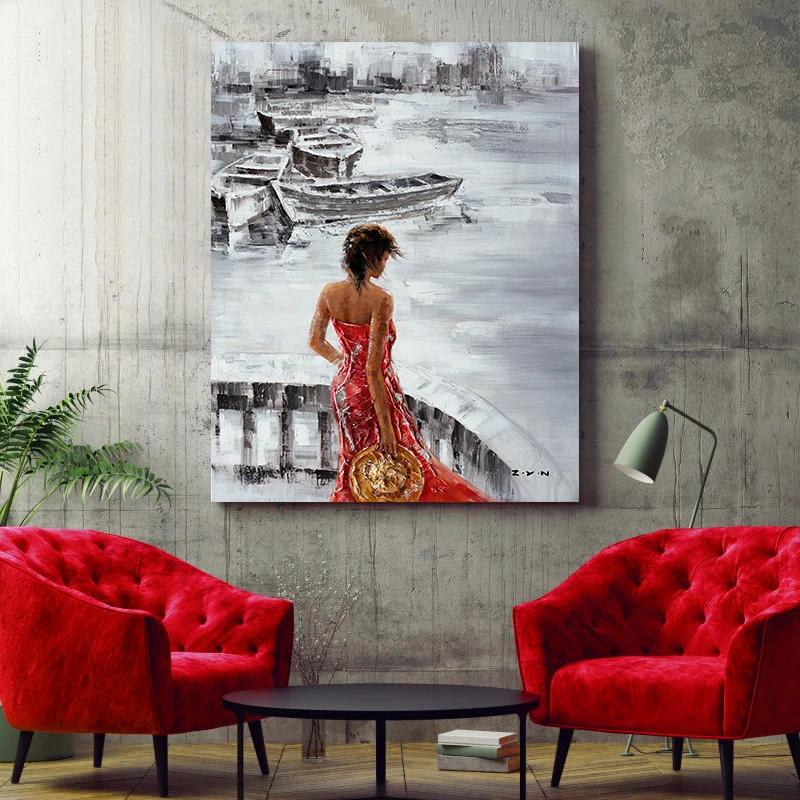 

Beautiful woman balcony seaside beach DIY painting digital art painting digital family hotel decorative painting