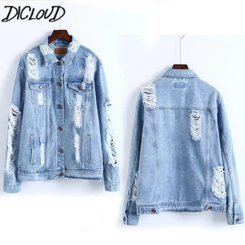 

DICLOUD 2018 Boyfriend Style Casual Denim Jacket Women Harajuku Washed Hole Loose Coat Female Long Sleeve Plus Size Coat Outwear