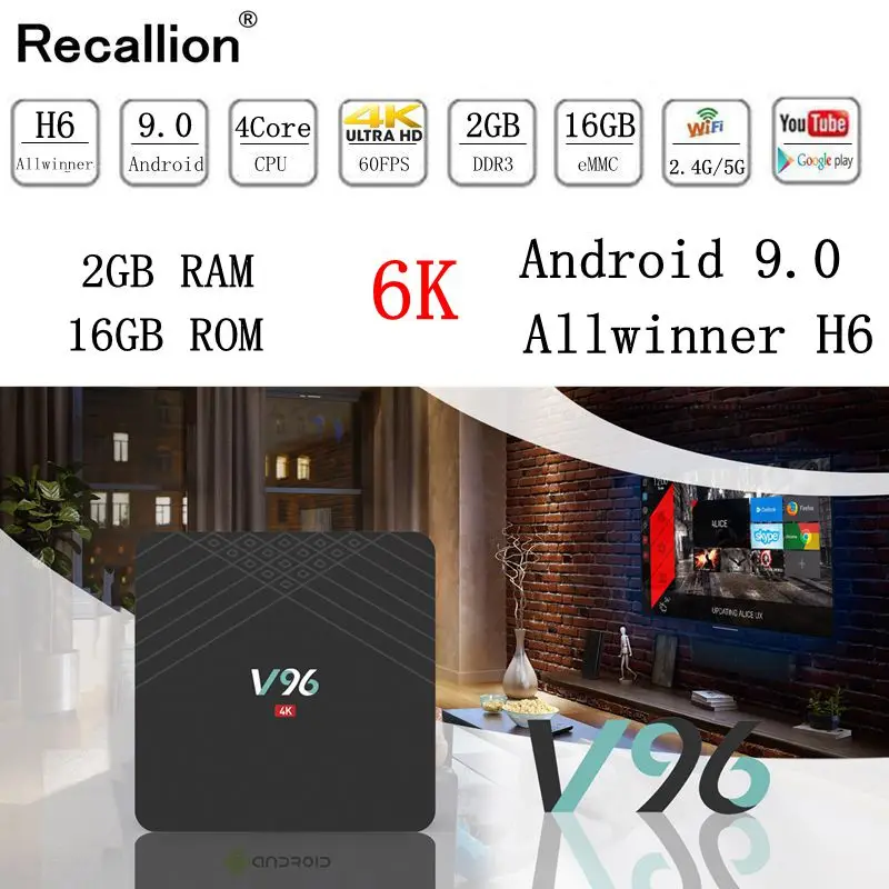 

Original RECALLION V96 TV Box S 6K HDR Android TV 9.0 Ultra HD 2G 16G WIFI Google Cast Netflix IPTV Set top Box 4 Media Player
