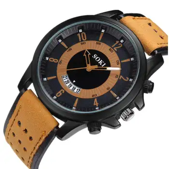 

Ctpor Date Sports Men Watch Calendar Work Military Style Male Watches Leather Strap Khaki High Quality Quartz Clock Waterproof
