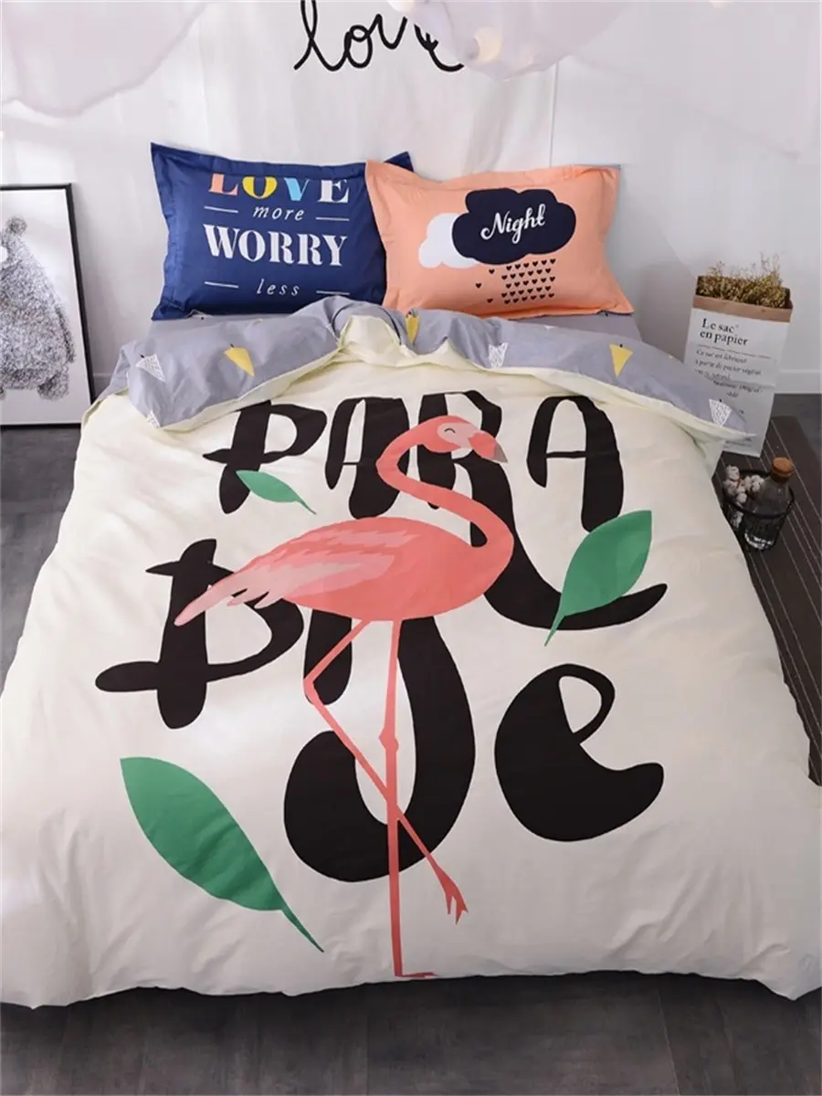 

4Pcs Bedding Set Cute Cartoon Flamingo Pattern Colorful Comfy Bed Cover Set