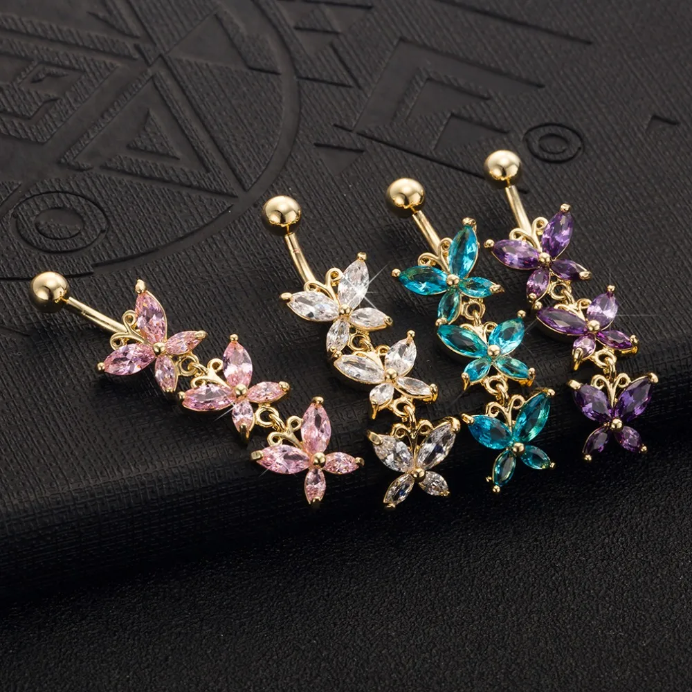 

Charming Butterfly Surgical Steel Belly Button Piercings Gold Metal 4 Color Zircon Navel Piercing Accessory Piercing Ombligo
