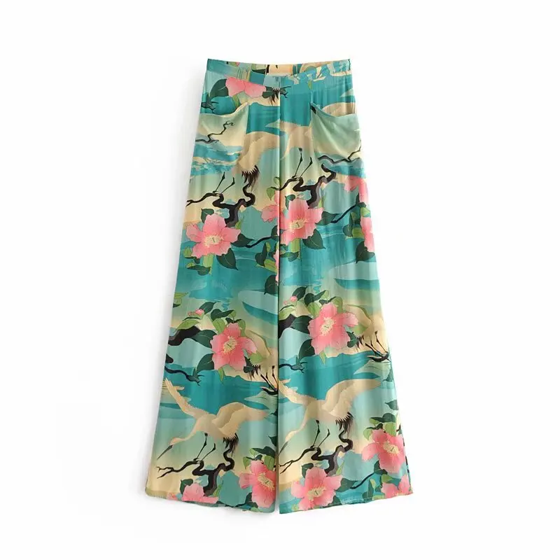 

GYPSY Boho Chic Summer Vintage Floral Crane Wide Leg Pants Women Fashion Side Zipper Pockets Loose Trousers Pantalones Femme