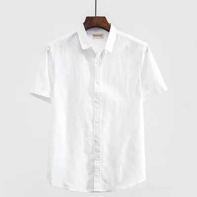 Мужские летние модные брендовые в японском стиле Простые однотонные хлопковые льняное с короткими рукавами рубашки мужские повседневные тонкие рубашки 4XL 100 кг Ткань - Цвет: white