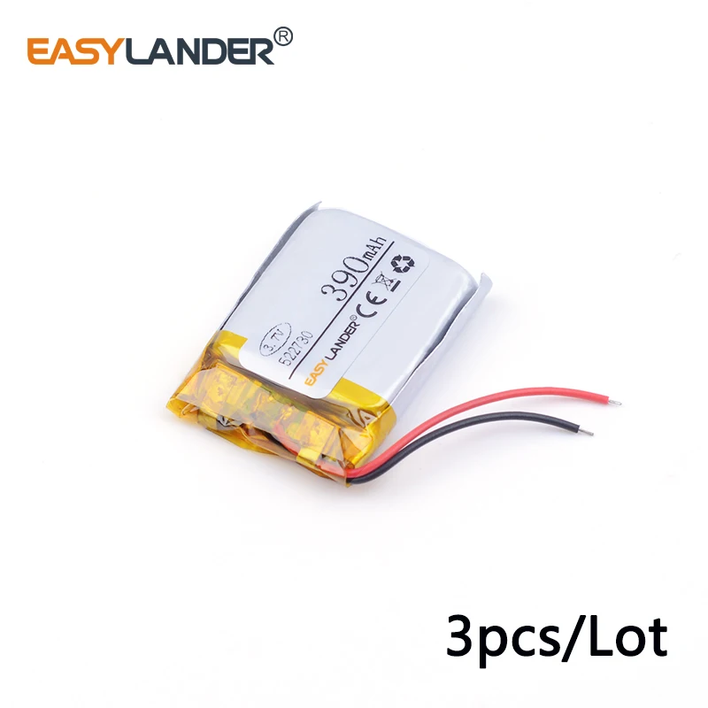 3pcs /Lot 522730 390MAH 3.7v lithium Li ion polymer rechargeable battery Bluetooth headset