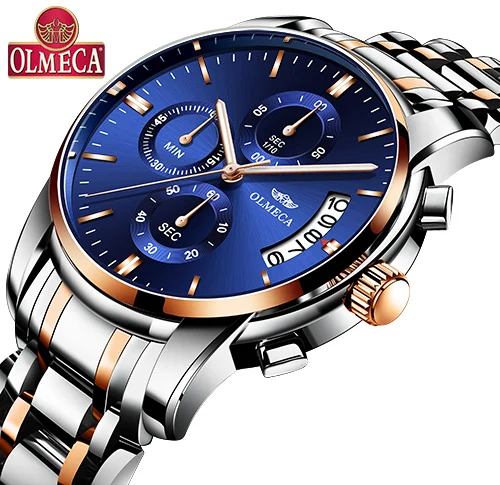 OLMECA часы для мужчин люксовый бренд Relogio Masculino нержавеющая сталь бизнесмен водонепроницаемые часы хронограф Мужские кварцевые наручные часы - Цвет: Rose Blue