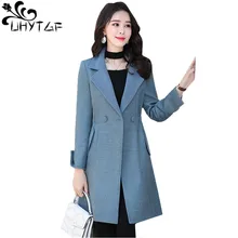 UHYTGF модное женское пальто Зимняя шерстяная куртка двубортная тонкая верхняя одежда с отворотом Высококачественная Женская Длинная шерстяная куртка M-3XL 921
