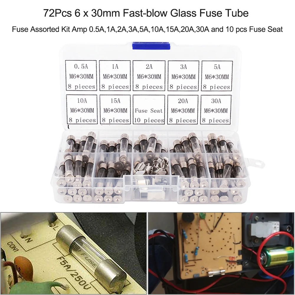 72Pcs 6*30mm Fast blow Car Glass Fuses Tube Fuses Assorted Kit Amp 0.5A