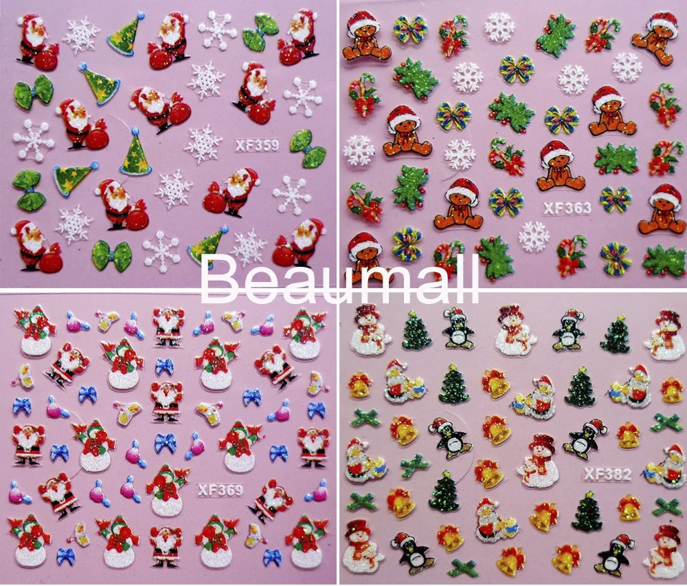 

Merry Christmas 3D Designs Nail Decals Back Glue Nail Stickers For Nail Tips Beauty DIY