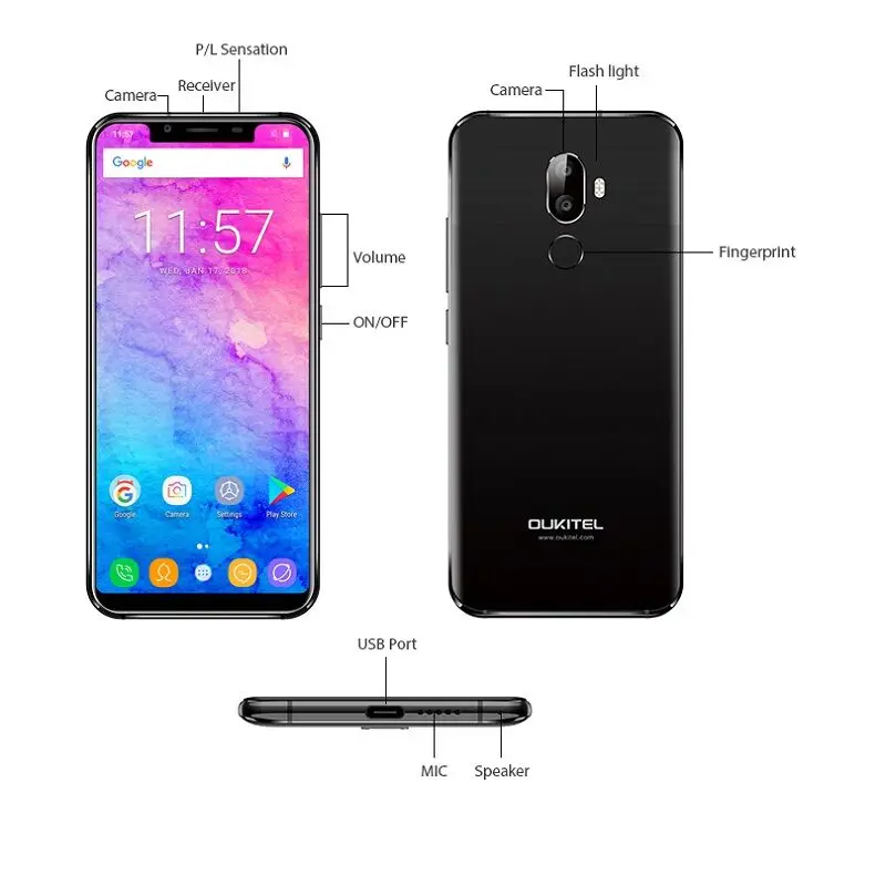 Oukitel U18 5 85 21:9 дисплей FACE ID 4 ГБ ОЗУ 64 Гб ПЗУ Android7.0 Восьмиядерный процессор MTK6750T 13 МП +