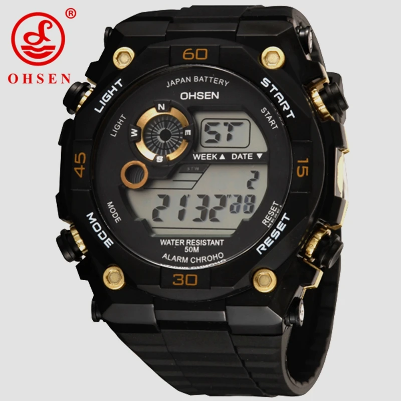 OHSEN светодиодный цифровой для мужчин спортивные часы наручные 30 м водонепроницаемый резиновый ремешок золотые Модные Военные мужские ручные часы reloj hombre