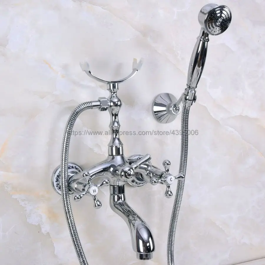 Polished Chrome Wall Mount Tub Faucet with Handshower Telephone Style Dual Handles Bathtub Sink Mixer Taps Bna234 | Обустройство дома