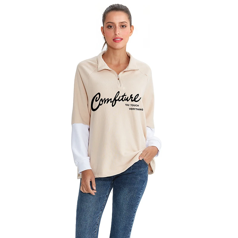 

Oversize Fashion Casual Cotton Spring Autumn Turn-down Collar Women Sweatshirt Patchwork Zip V-neck Pullover Tops Blouse M30109