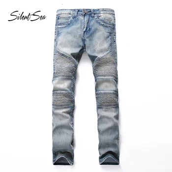 

Silentsea Vintage Jeans Men Hole Casual Ripped Jeans Slim Fit Rap Hip Hop Pants Straight Jeans Classic Pleated Denim Trousers