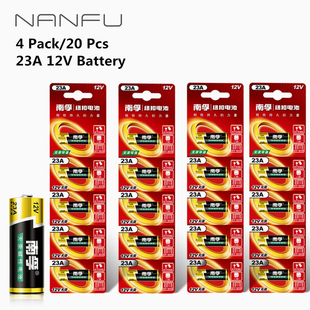 

NANFU 4 Pack/20 Pcs Button Battery 23A 12V Alkaline Batteries 28mm*10mm for Rolling Door Remote Control Doorbell Burglar Alarm