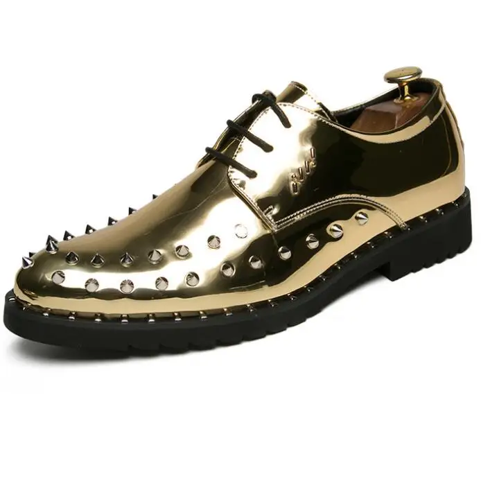 Movechain/мужские туфли из искусственной лакированной кожи с заклепками; модные мужские туфли-оксфорды; Вечерние туфли на шнуровке для клуба; Мужские модельные туфли в деловом стиле - Цвет: Золотой