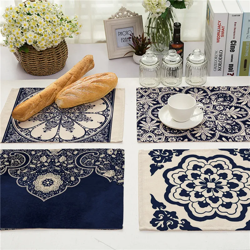 Kitchen Dinner Table Mats Cotton Linen Table Napkin Blue and White