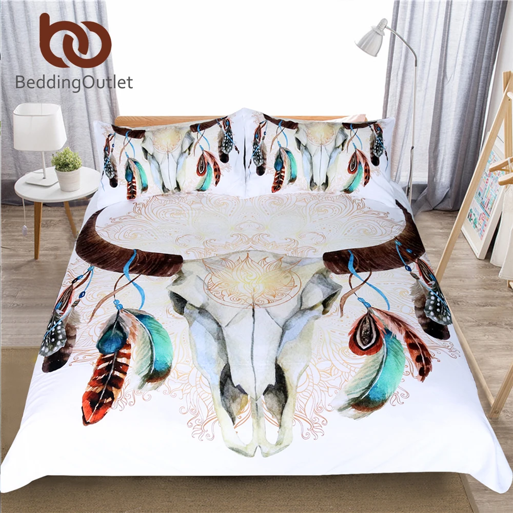 Comprar Ropa de cama de plumas de calavera con diseño Floral bohemio indio funda de edredón Tribal doble Multi colores 3 piezas