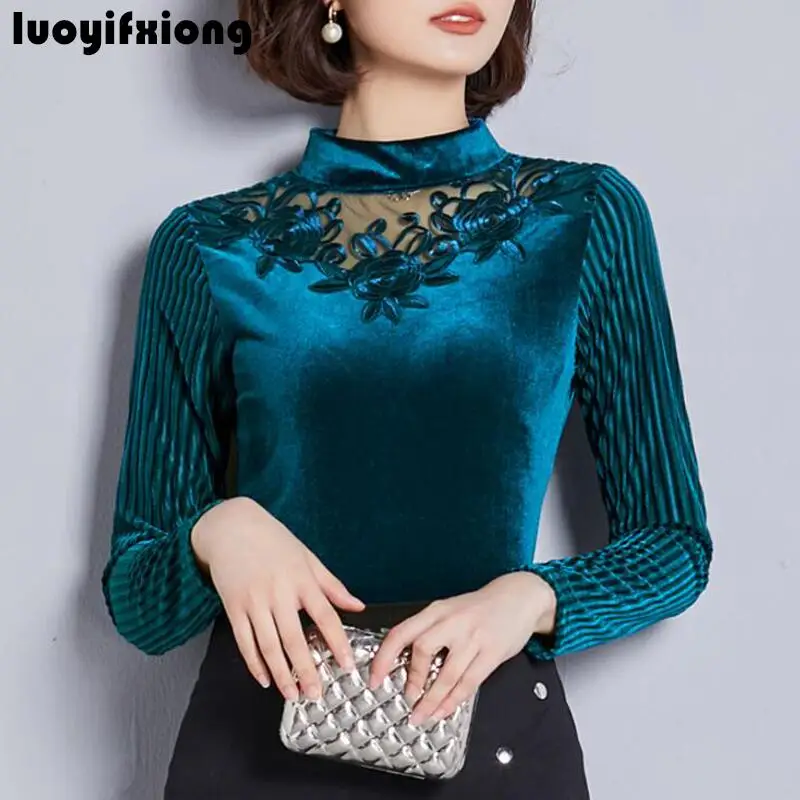 Женские топы и блузки с элегантной вышивкой, кружевная велюровая блузка в стиле пэчворк, женские рубашки с длинным рукавом, блузка размера плюс, Blusas Mujer