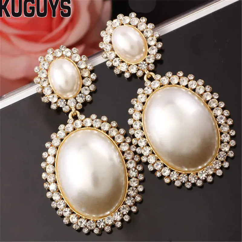 

KUGUYS High Quality Crystals Pearls Drop Earrings for Womens Trendy Jewelry Vintage Gold Round Large Earring Wedding Accessories