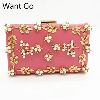 

Want Go Fashion Women Pu Leather Evening Purse Luxury Lady Pearl Beads Chain Party Bag Hot Selling Elgant Female Day Clutch Bag