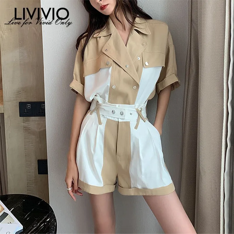 

[LIVIVIO] Casual Hit Color Female Two Piece Set Lapel Collar Short Sleeve Shirt High Waist With Sashes Shorts Women Suit 2019