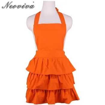 

Neoviva Cotton Canvas Kitchen Aprons for Housewife with Flirty Ruffles Full Coverage Susan Solid Flame Orange Maid Keuken Schort