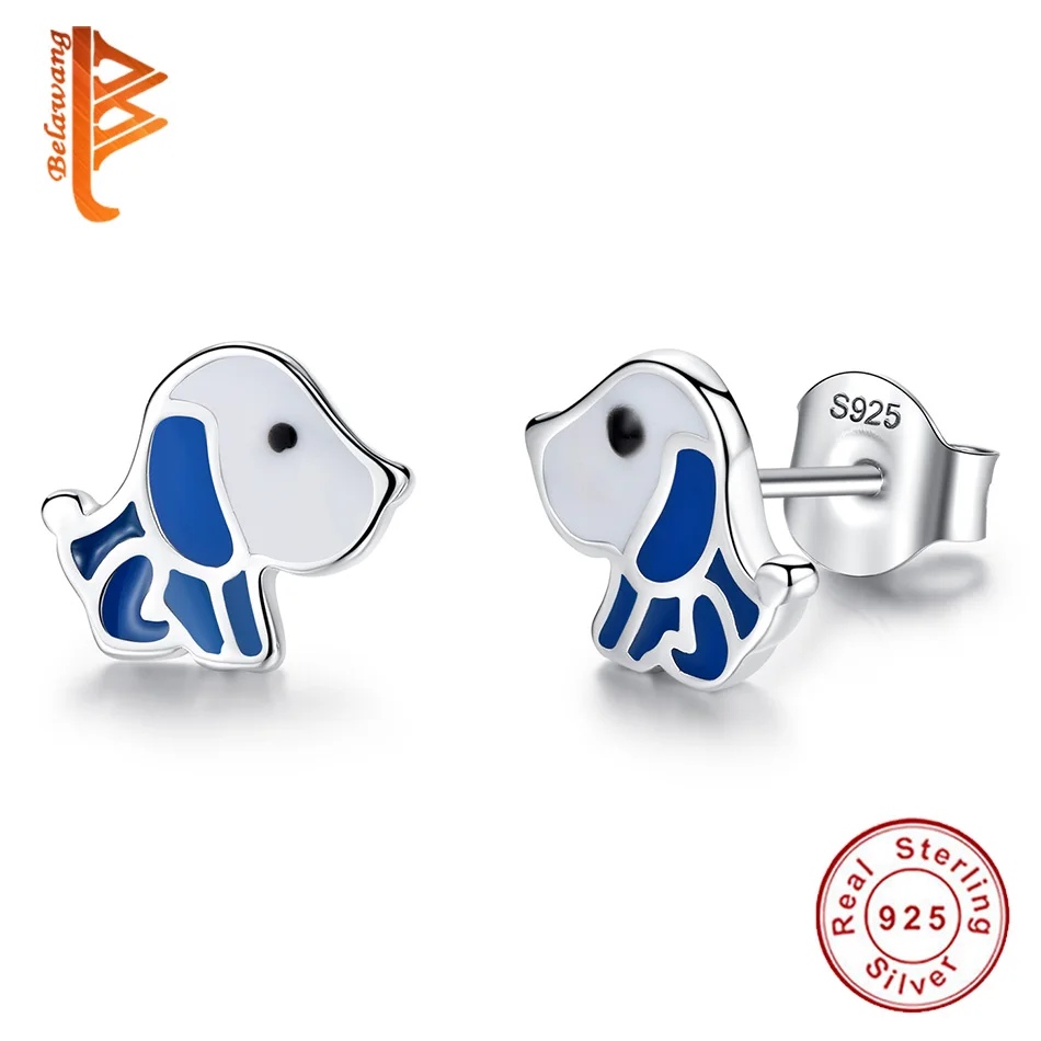 

BELAWANG 925 Sterling Silver Animal Dog Stud Earring for Women Children Kids Blue Enamel Earrings Silver Jewelry Bijoux Femme