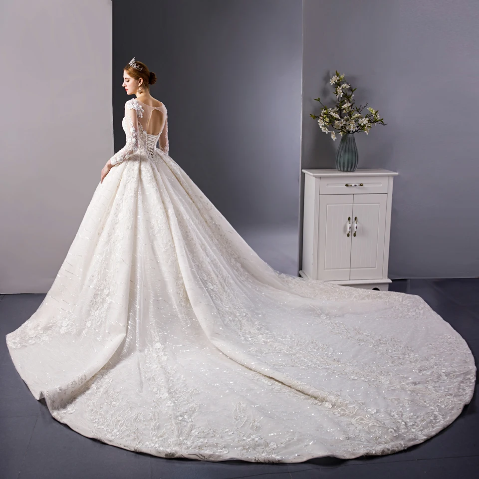 SL-6095 Luxury Embroidery Lace long sleeves ball gown bohowedding dress bridal wedding gowns royal train