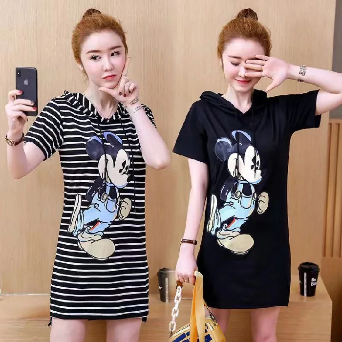 Дисней Летняя женская одежда с принтом Микки Мауса футболка с коротким рукавом женское Свободное платье для отдыха платье с капюшоном с рисунком Минни Маус