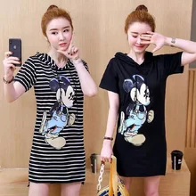 Дисней Летняя женская одежда с принтом Микки Мауса футболка с коротким рукавом женское Свободное платье для отдыха платье с капюшоном с рисунком Минни Маус
