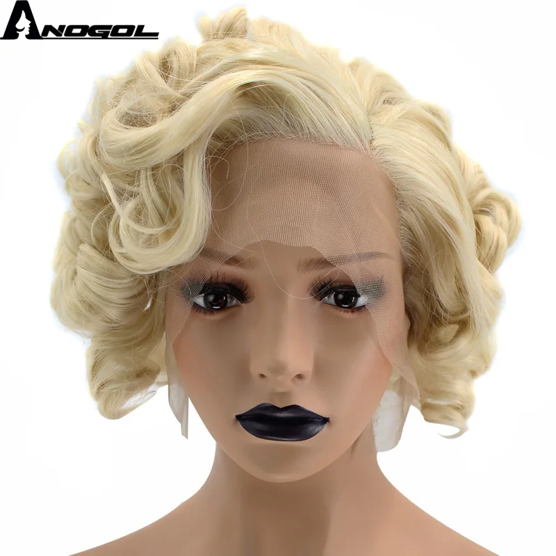 Anogol боковая часть Высокая температура волокна короткий Боб кудрявый блонд синтетические волосы парики кружева передние парики для женщин Drag queen