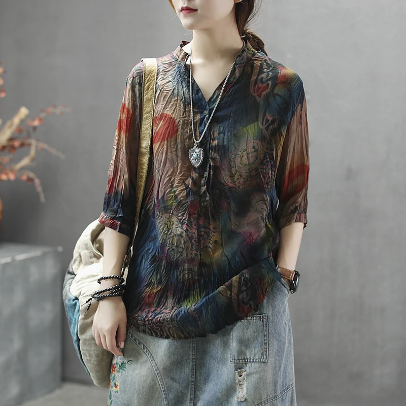 

Ethnic Retro Printed Single-breasted Woman Shirt Loose Style Spring Summer Thin Top Linen Breathable Blouses Ruched Clothes