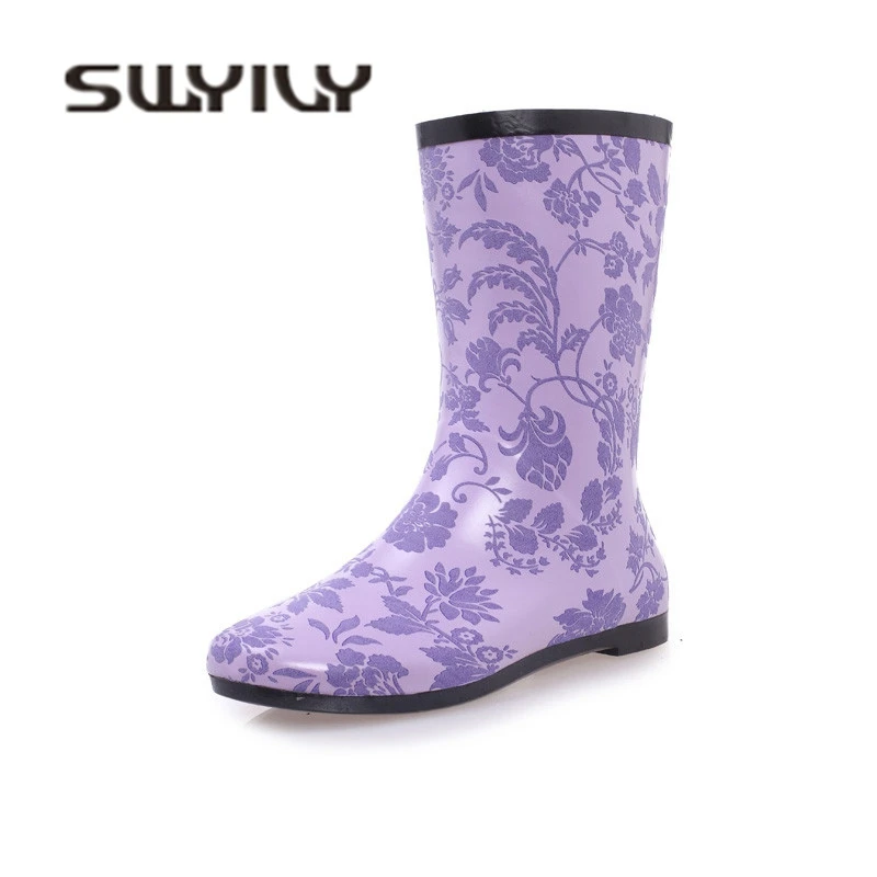 

SWYIVY Rubber Rain Boots Woman Mid High Autumn 2018 Flower Purple Female Fashion Rainboots Flat Anti Slip Lady Welles Rain Boots