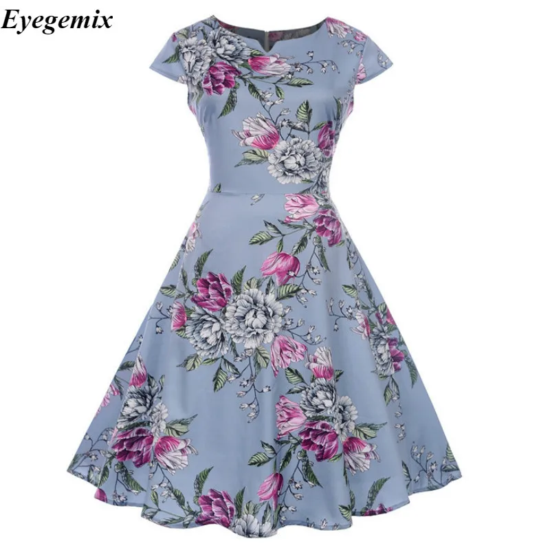 

Women Vintage Dress 50s 60s Summer Sexy Party Dresses Short Sleeve Floral Casual Swing Elegant Office Long Dress Robe Femme