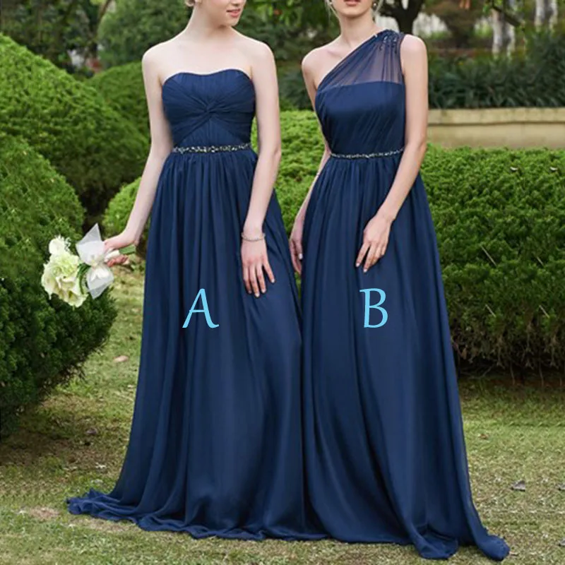 New Arrival Cheap Long Chiffon Navy Blue Bridesmaid Dresses 2018 A Line