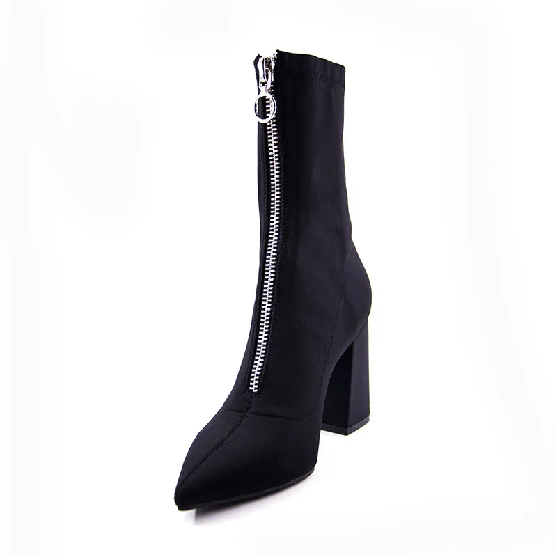 Новые модные ботинки до середины икры стелька из эластичной ткани женские ботинки с острым носком на высоком каблуке женские зимние ботинки фирменного дизайна