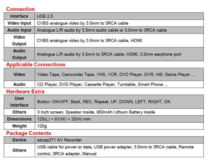 Ezcap271 AV рекордер аудио видео конвертер конвертировать VHS/видеокамеры ленты в цифровой формат " TFT экран 8 Гб памяти для VCR DVD
