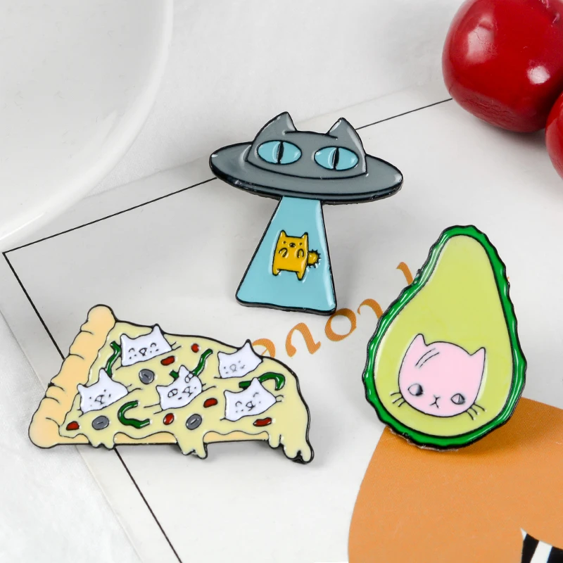 

Cat Brooches Cat Pizza UFO Avocado Enamel Pin Badge Funny Animal Kitten Kitty Badge Hat Backpack Coat Lapel Pin Animal Jewelry